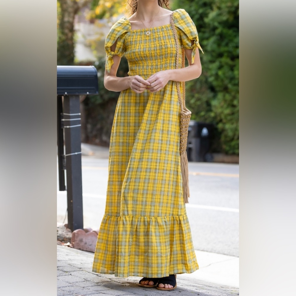 NWT Sugar Lips Yellow Plaid cotton smoked bodice short tie sleeves maxi dress